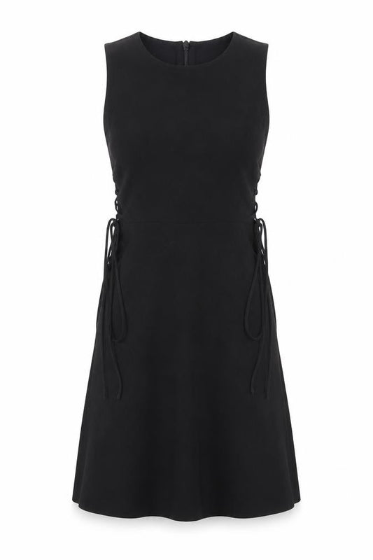 Front view of Topshop women’s black polyester a-line, size UK 10, crew neck zip - tie sides