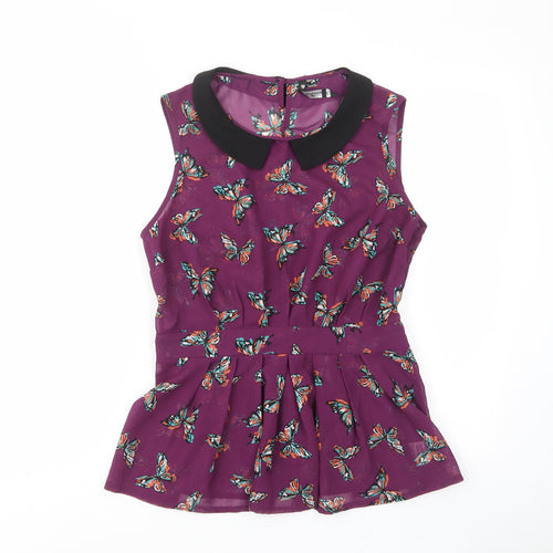 Influence Womens Purple Geometric Polyester Basic Tank Size 12 Collared - Butterfly, Pleated