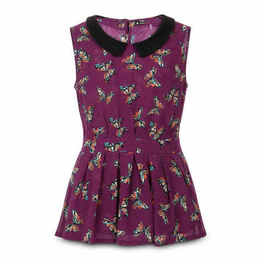Front view of Influence women’s purple geometric polyester basic tank, size UK 12, collared - butterfly, pleated