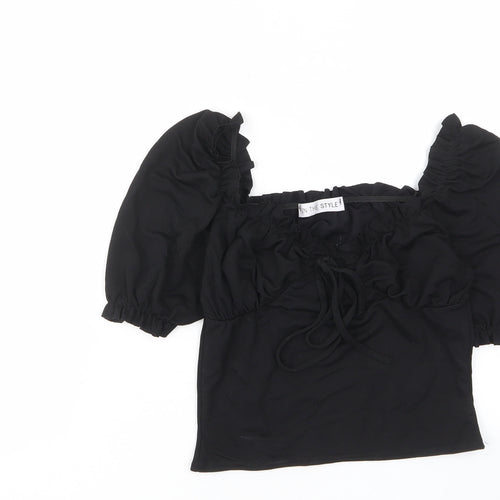 In the Style Womens Black Polyester Cropped T-Shirt Size 10 Square Neck - Ruched, Pleated