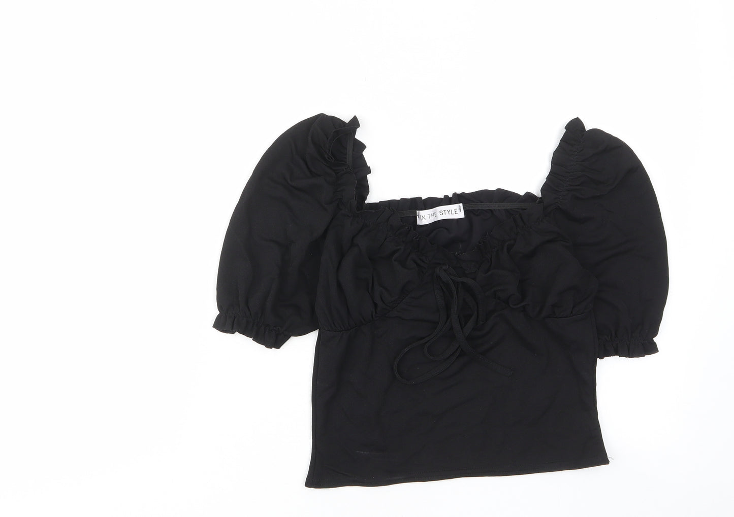 In the Style Womens Black Polyester Cropped T-Shirt Size 10 Square Neck - Ruched, Pleated