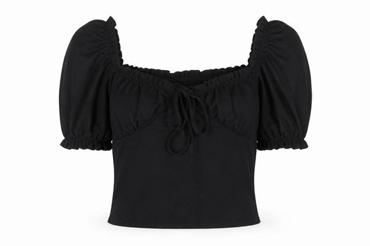 Front view of In the Style women’s black polyester cropped t-shirt, size UK 10, square neck - ruched, pleated