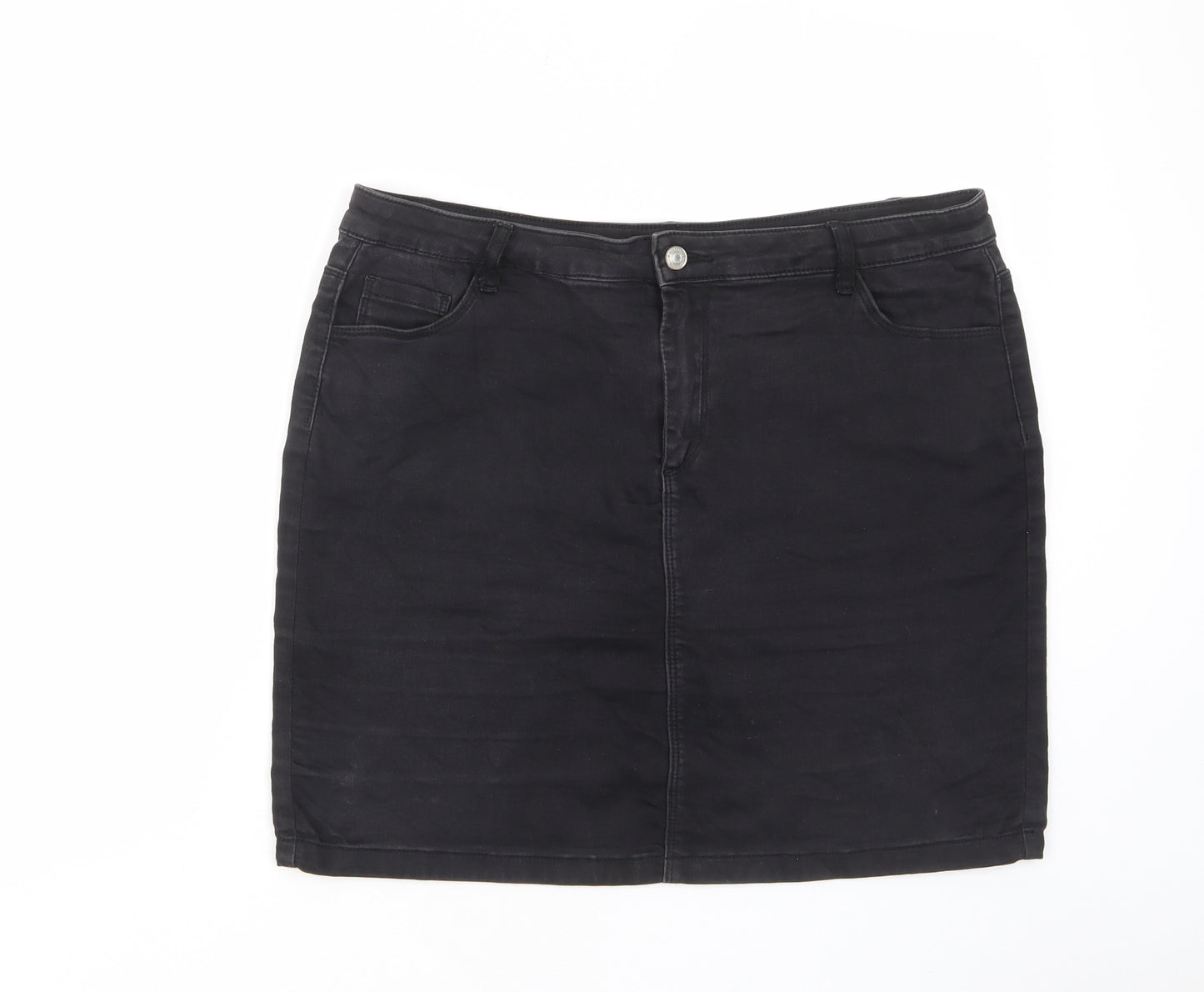 Marks and Spencer Womens Black Cotton A-Line Skirt Size 18 - Pockets, Belt Loops
