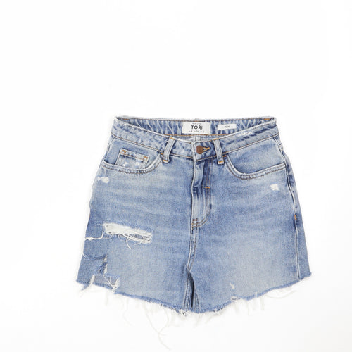 New Look Womens Blue Cotton Mom Shorts Size 6 L3 in Regular Zip - Distressed, Pockets, Belt Loops