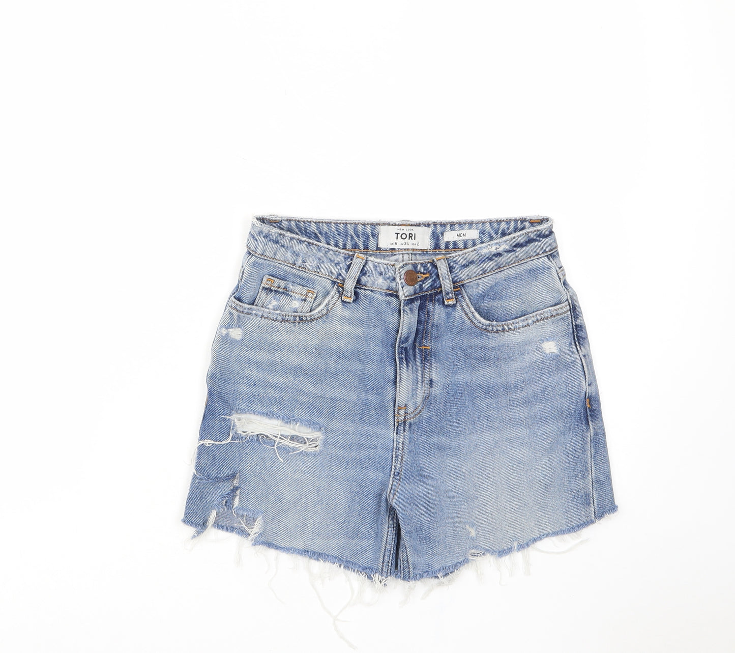 New Look Womens Blue Cotton Mom Shorts Size 6 L3 in Regular Zip - Distressed, Pockets, Belt Loops