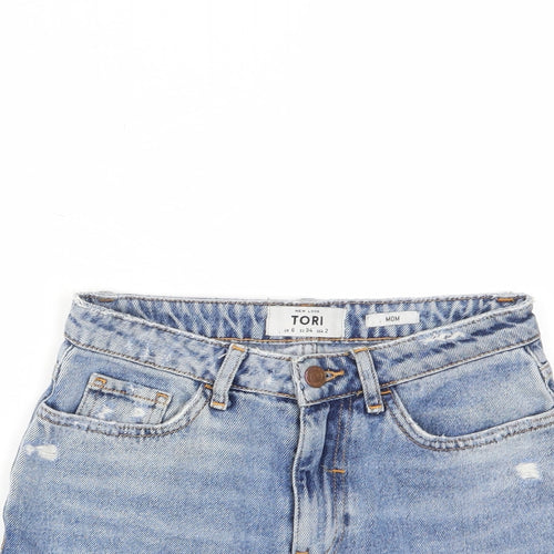 New Look Womens Blue Cotton Mom Shorts Size 6 L3 in Regular Zip - Distressed, Pockets, Belt Loops