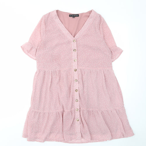 In the Style Womens Pink Polka Dot Polyester A-Line Size 10 V-Neck Button - Pleated, Lined