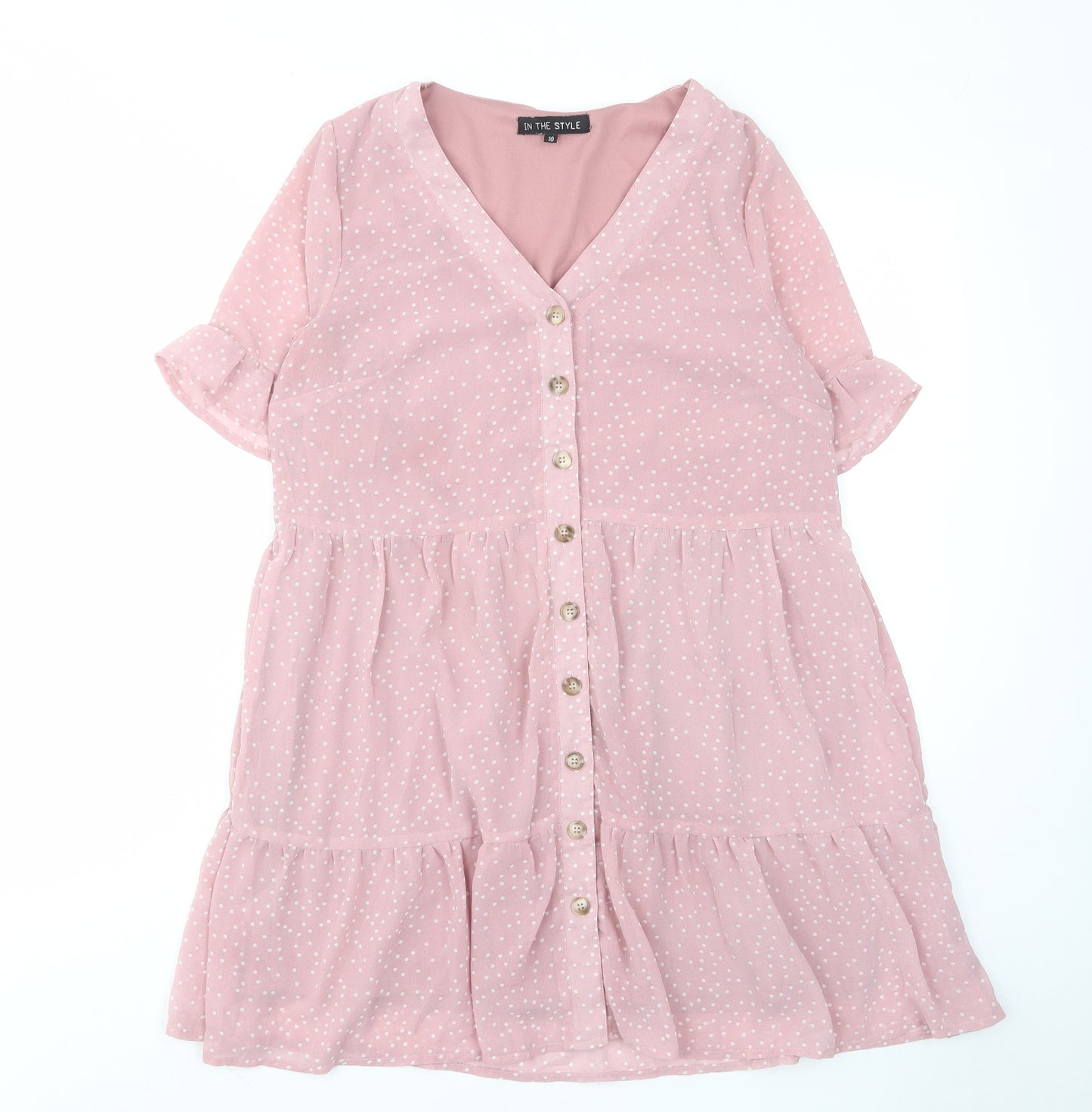 In the Style Womens Pink Polka Dot Polyester A-Line Size 10 V-Neck Button - Pleated, Lined