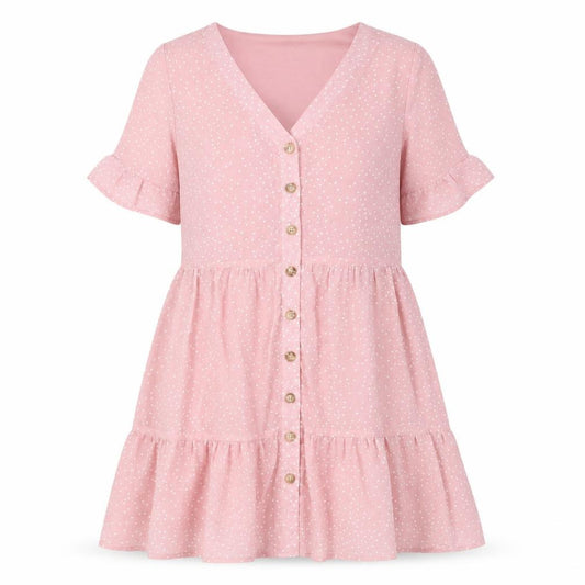 Front view of In the Style women’s pink polka dot polyester a-line, size UK 10, v-neck button - pleated, lined