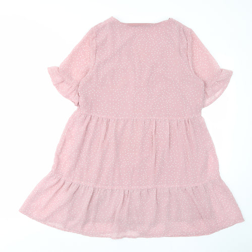 In the Style Womens Pink Polka Dot Polyester A-Line Size 10 V-Neck Button - Pleated, Lined