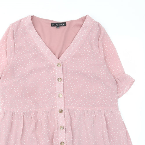 In the Style Womens Pink Polka Dot Polyester A-Line Size 10 V-Neck Button - Pleated, Lined