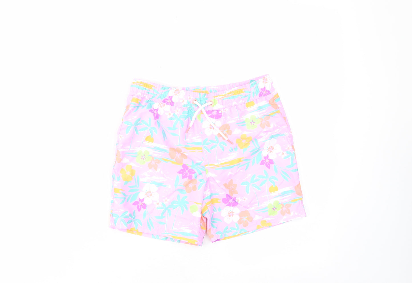 Marks and Spencer Girls Multicoloured Floral Polyester Sweat Shorts Size 7-8 Years Regular Drawstring - Swim shorts
