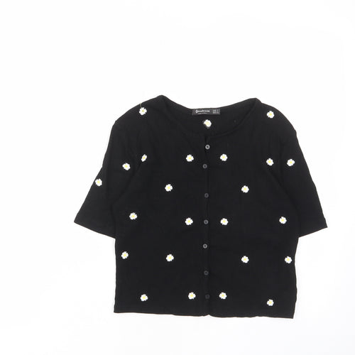 Stradivarius Womens Black Floral Viscose Cropped T-Shirt Size S V-Neck - Buttons, Embroided