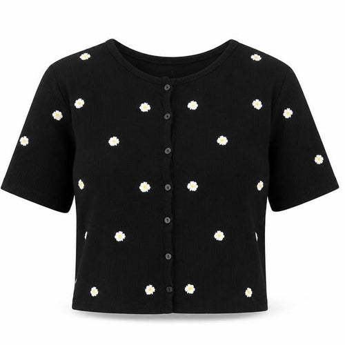 Stradivarius Womens Black Floral Viscose Cropped T-Shirt Size S V-Neck - Buttons, Embroided