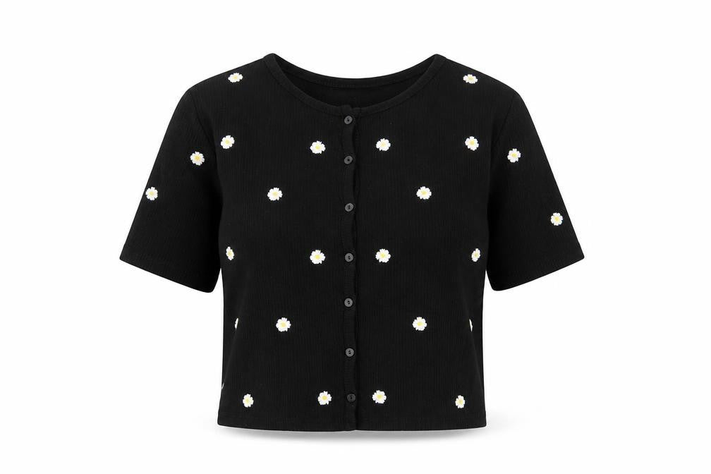 Stradivarius Womens Black Floral Viscose Cropped T-Shirt Size S V-Neck - Buttons, Embroided