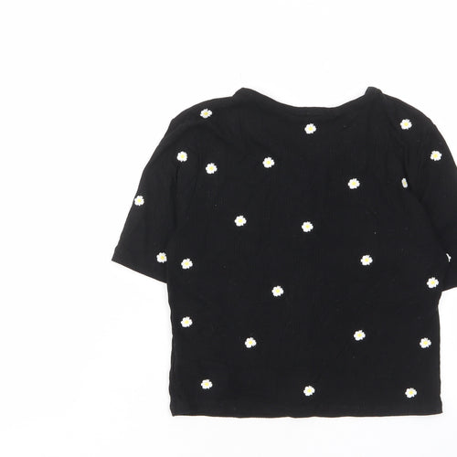 Stradivarius Womens Black Floral Viscose Cropped T-Shirt Size S V-Neck - Buttons, Embroided