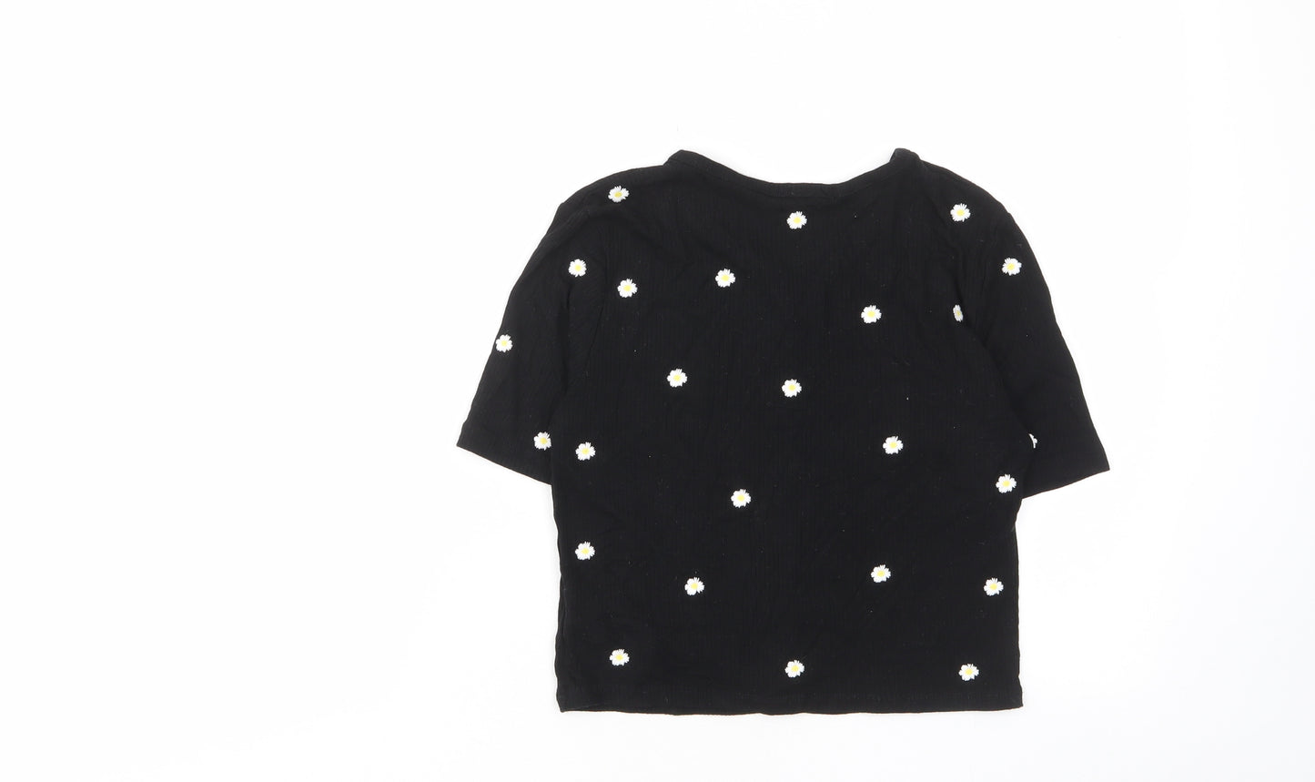 Stradivarius Womens Black Floral Viscose Cropped T-Shirt Size S V-Neck - Buttons, Embroided