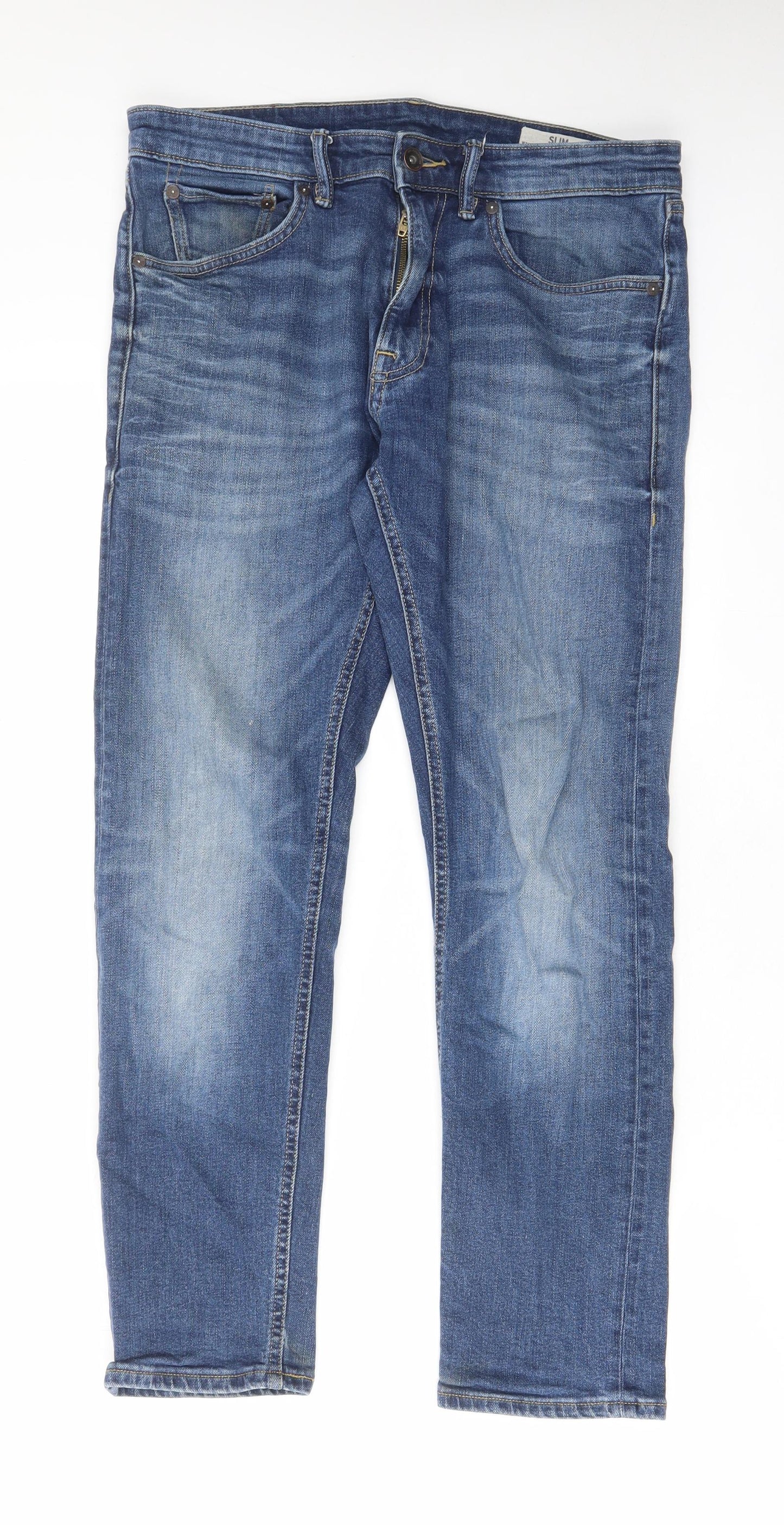 Marks and Spencer Mens Blue Cotton Straight Jeans Size 32 in L29 in Slim Zip - Pockets, Belt Loops