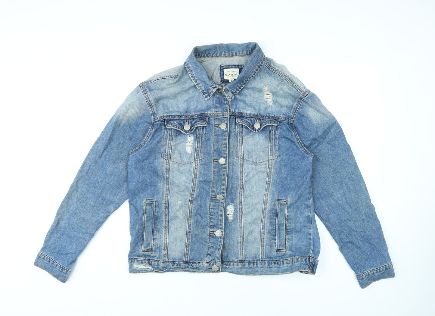 WAX JEAN Womens Blue Jacket Size M Button - Distressed Look