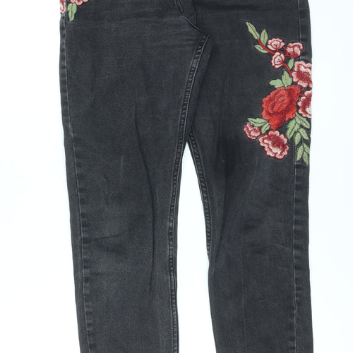 Miss Selfridge Womens Black Cotton Skinny Jeans Size 10 L25 in Regular Zip - Embroidered Flowers