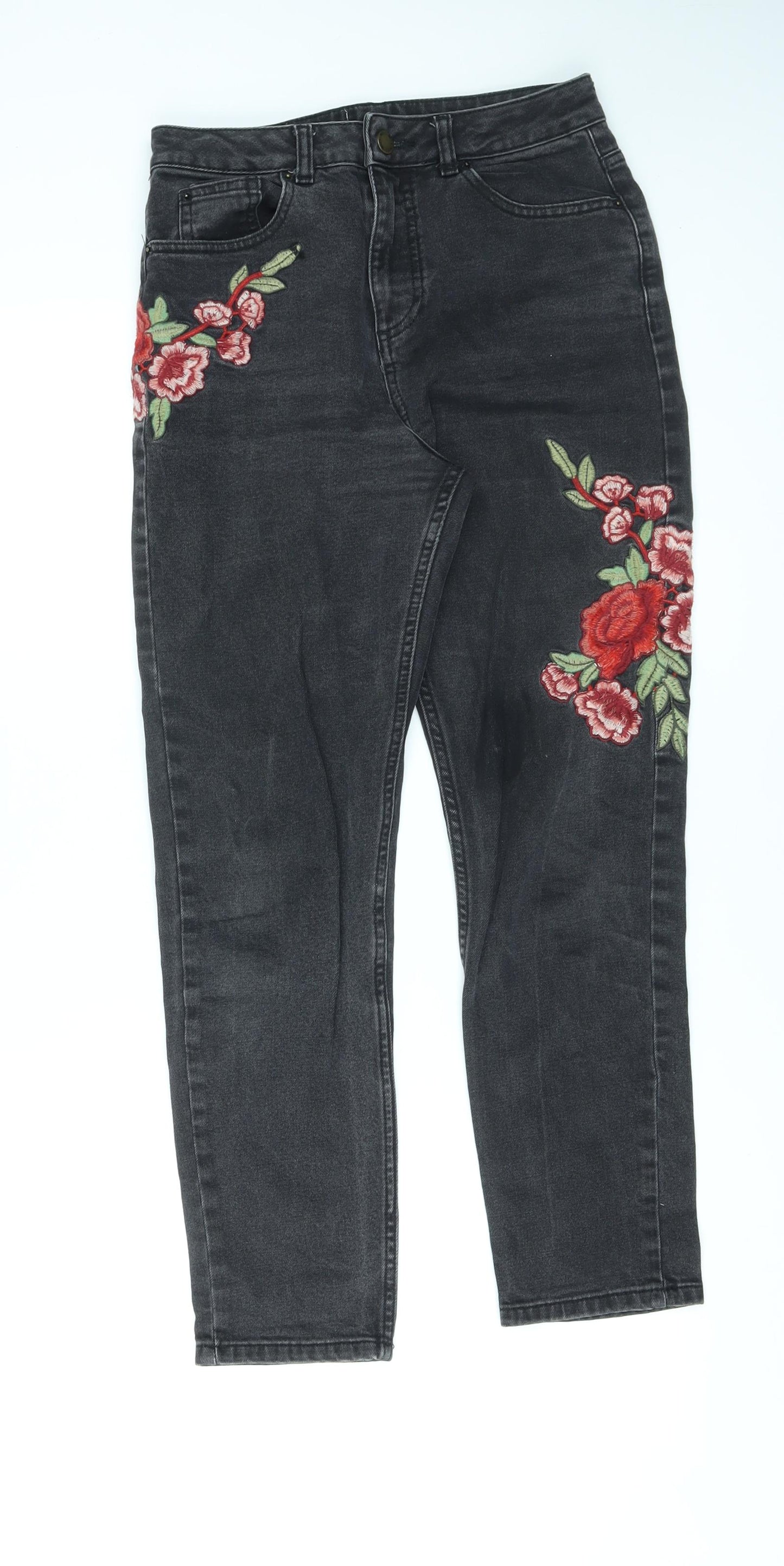 Miss Selfridge Womens Black Cotton Skinny Jeans Size 10 L25 in Regular Zip - Embroidered Flowers