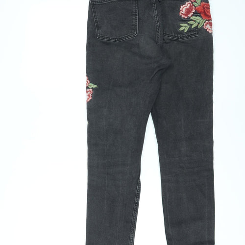 Miss Selfridge Womens Black Cotton Skinny Jeans Size 10 L25 in Regular Zip - Embroidered Flowers