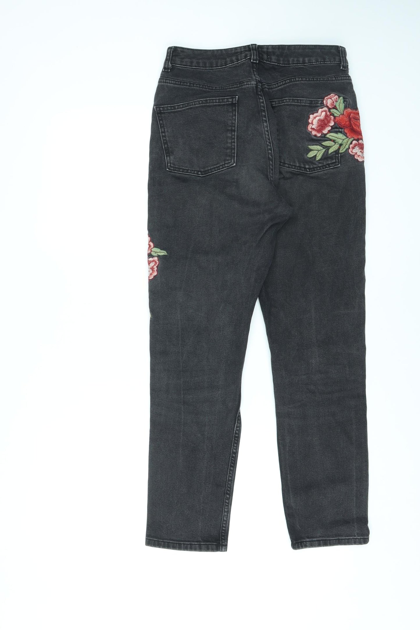 Miss Selfridge Womens Black Cotton Skinny Jeans Size 10 L25 in Regular Zip - Embroidered Flowers