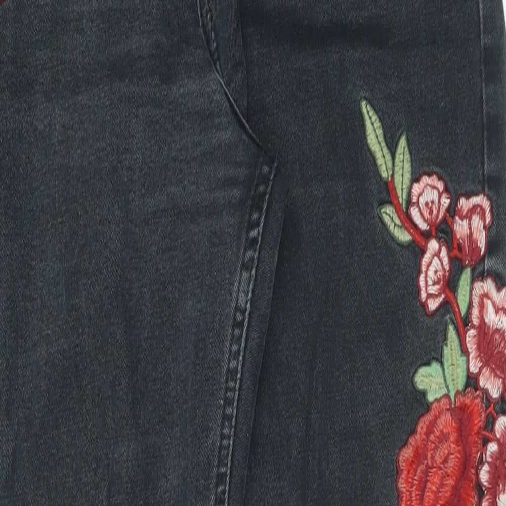 Miss Selfridge Womens Black Cotton Skinny Jeans Size 10 L25 in Regular Zip - Embroidered Flowers