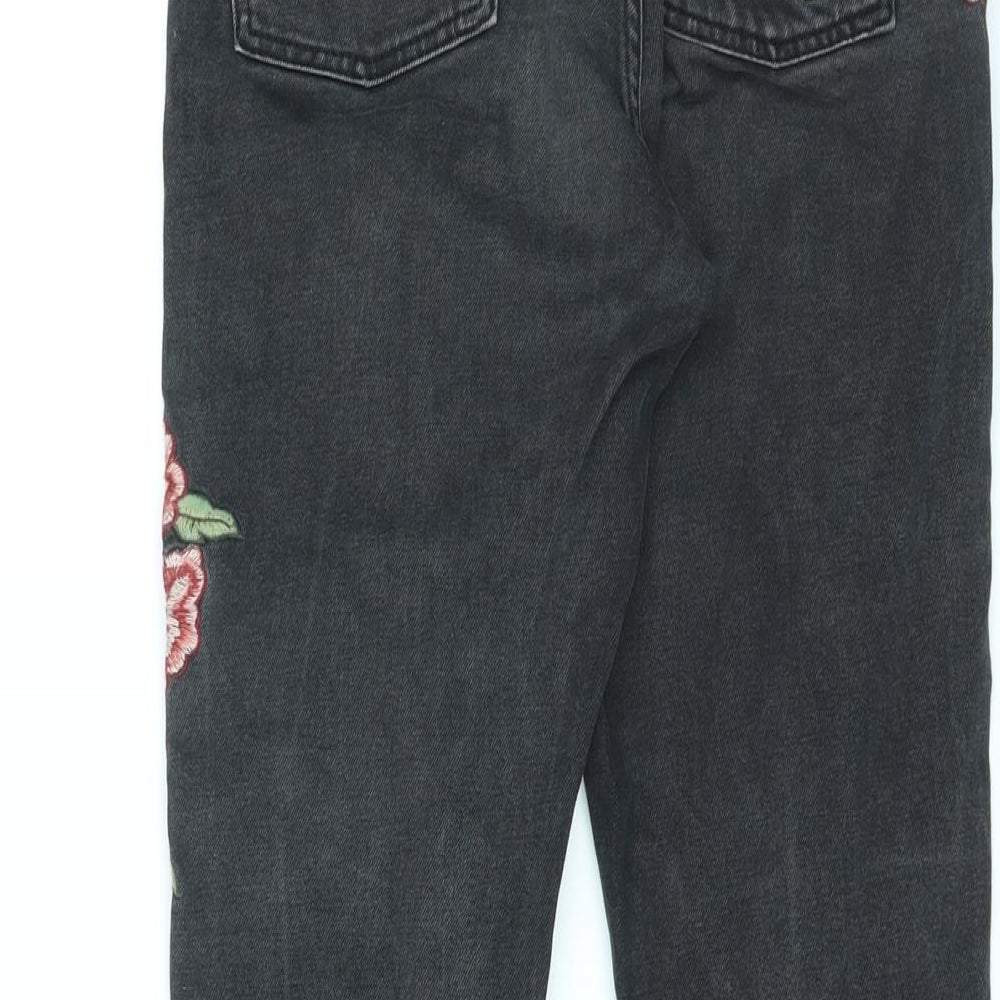 Miss Selfridge Womens Black Cotton Skinny Jeans Size 10 L25 in Regular Zip - Embroidered Flowers