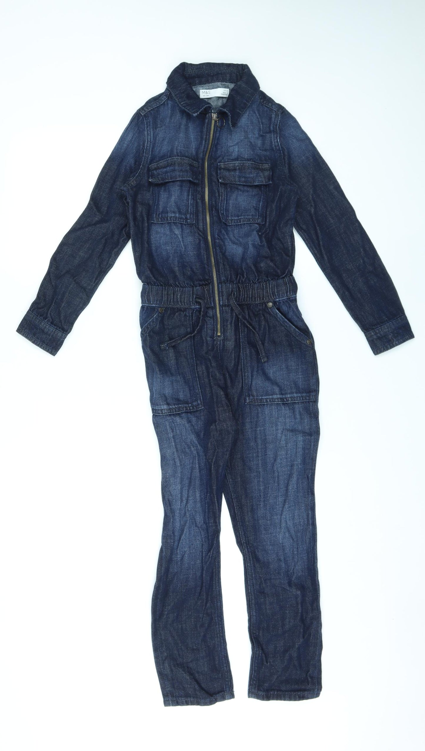 Marks and Spencer Girls Blue Cotton Jumpsuit One-Piece Size 8-9 Years L21 in Zip