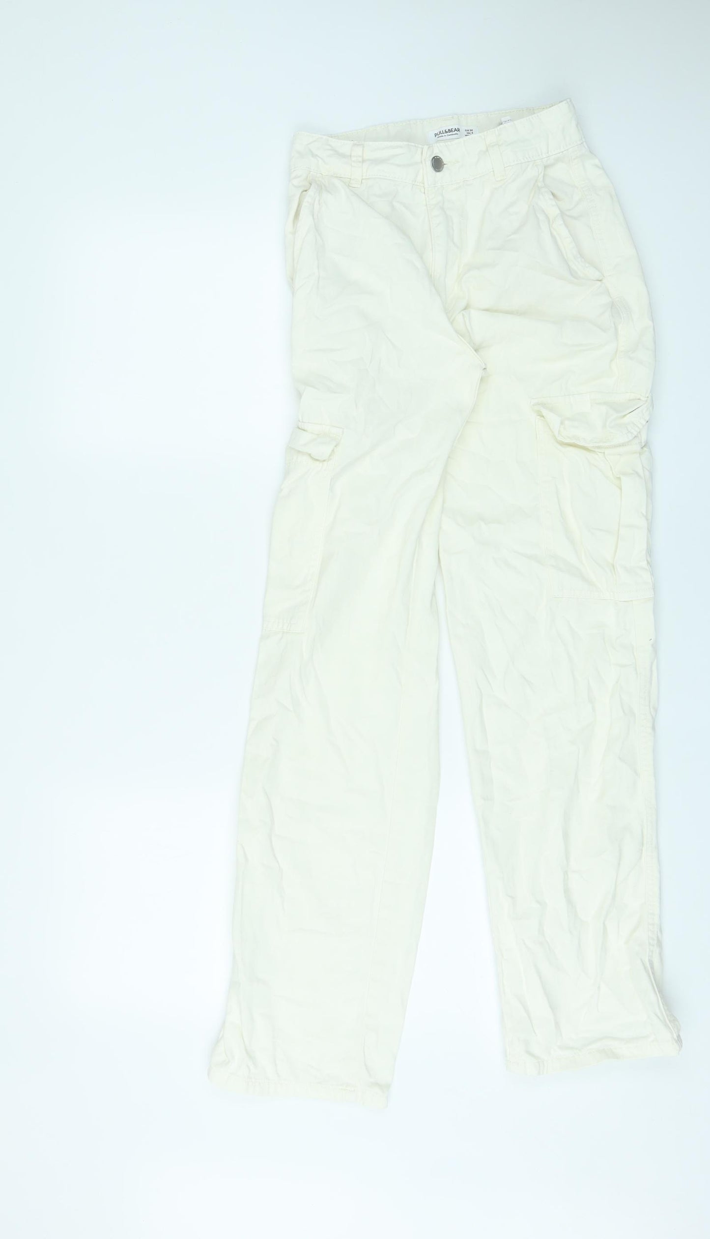 Pull&Bear Womens Ivory Cotton Cargo Trousers Size 6 L31 in Regular Zip