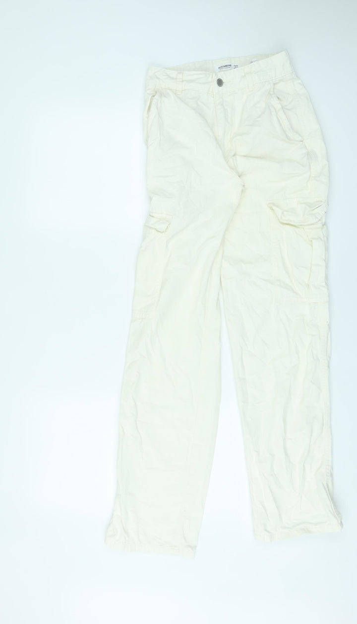 Pull&Bear Womens Ivory Cotton Cargo Trousers Size 6 L31 in Regular Zip