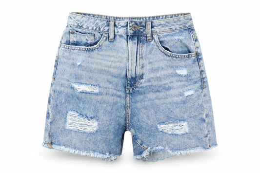 Front view of Denim & Co. women’s blue cotton boyfriend shorts, size UK 8, 4-inch leg regular zip - raw hems, distressed