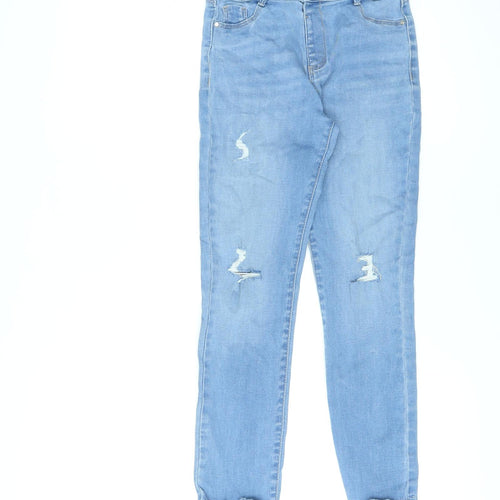 River Island Girls Blue Cotton Skinny Jeans Size 9 Years L23 in Regular Pullover - Distressed, Raw Hem