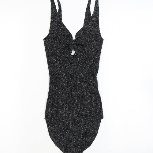 Bershka Womens Black Flecked Vinyl Bodysuit One-Piece Size S L8 in Snap - Sparkle, Keyhole Neck