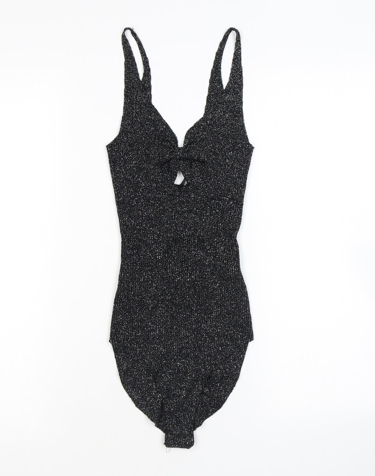 Bershka Womens Black Flecked Vinyl Bodysuit One-Piece Size S L8 in Snap - Sparkle, Keyhole Neck