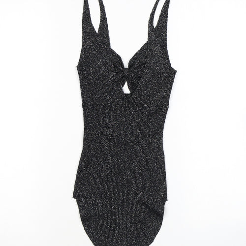 Bershka Womens Black Flecked Vinyl Bodysuit One-Piece Size S L8 in Snap - Sparkle, Keyhole Neck