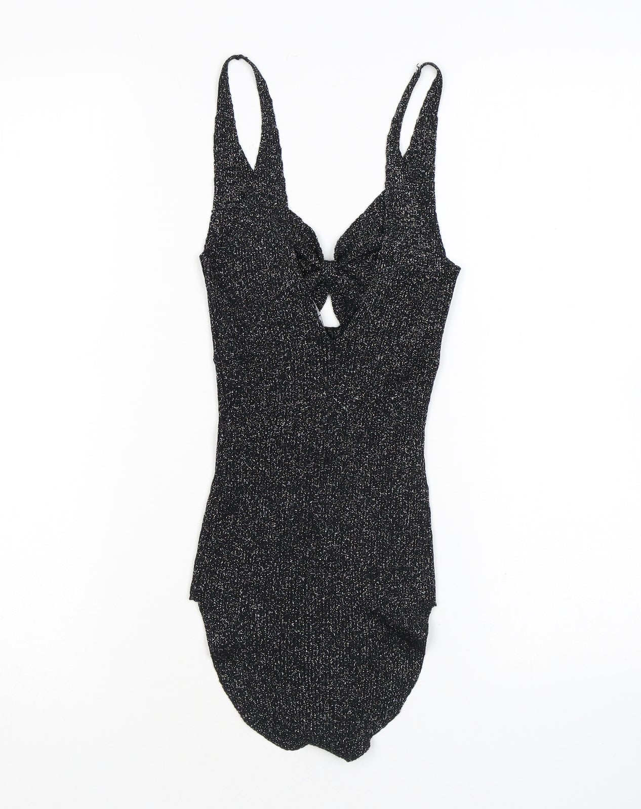 Bershka Womens Black Flecked Vinyl Bodysuit One-Piece Size S L8 in Snap - Sparkle, Keyhole Neck