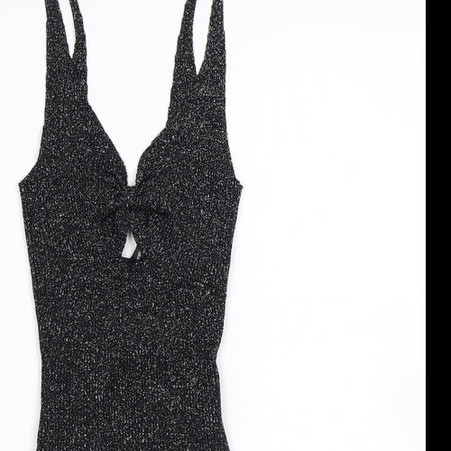Bershka Womens Black Flecked Vinyl Bodysuit One-Piece Size S L8 in Snap - Sparkle, Keyhole Neck