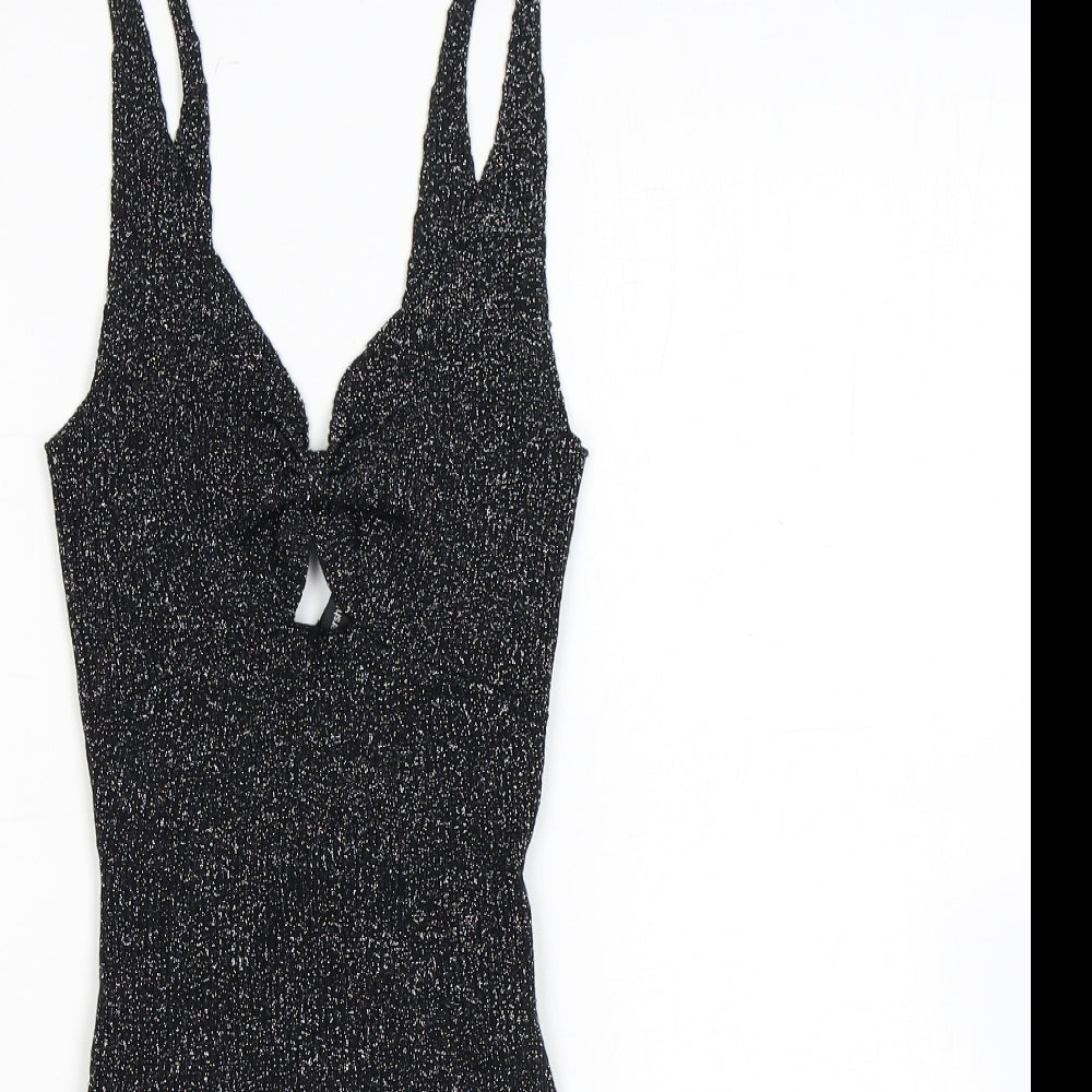 Bershka Womens Black Flecked Vinyl Bodysuit One-Piece Size S L8 in Snap - Sparkle, Keyhole Neck