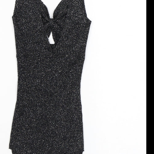 Bershka Womens Black Flecked Vinyl Bodysuit One-Piece Size S L8 in Snap - Sparkle, Keyhole Neck