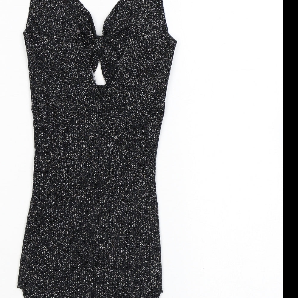 Bershka Womens Black Flecked Vinyl Bodysuit One-Piece Size S L8 in Snap - Sparkle, Keyhole Neck