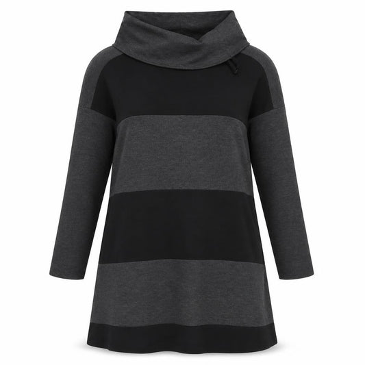 Front view of Viz a Viz women’s grey striped polyester a-line, size UK 12, cowl neck pullover
