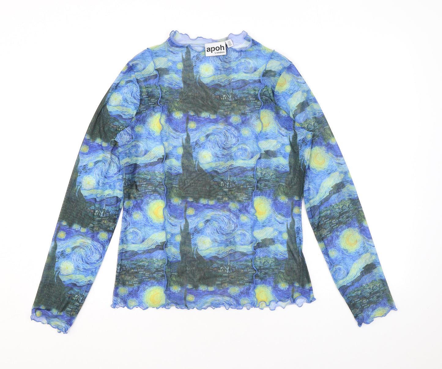APOH Womens Blue Geometric Polyester Basic T-Shirt Size 14 Mock Neck - Van Gogh, The Starry Night