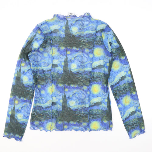 APOH Womens Blue Geometric Polyester Basic T-Shirt Size 14 Mock Neck - Van Gogh, The Starry Night