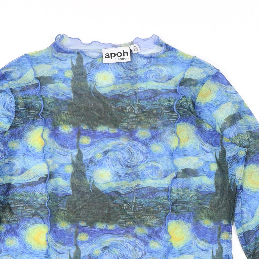 APOH Womens Blue Geometric Polyester Basic T-Shirt Size 14 Mock Neck - Van Gogh, The Starry Night