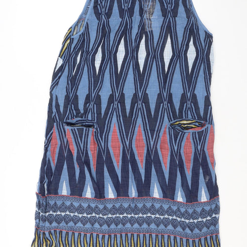 Elegant Womens Blue Geometric Viscose Tank Dress Size 12 Round Neck Pullover - Pockets