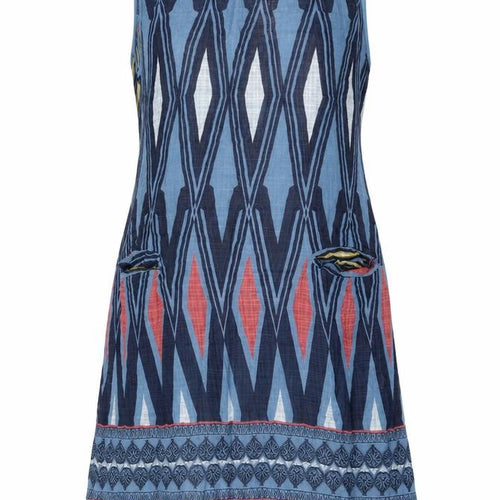Elegant Womens Blue Geometric Viscose Tank Dress Size 12 Round Neck Pullover - Pockets