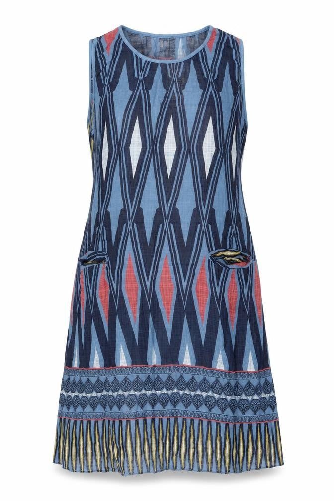Elegant Womens Blue Geometric Viscose Tank Dress Size 12 Round Neck Pullover - Pockets