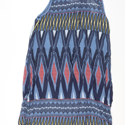 Elegant Womens Blue Geometric Viscose Tank Dress Size 12 Round Neck Pullover - Pockets
